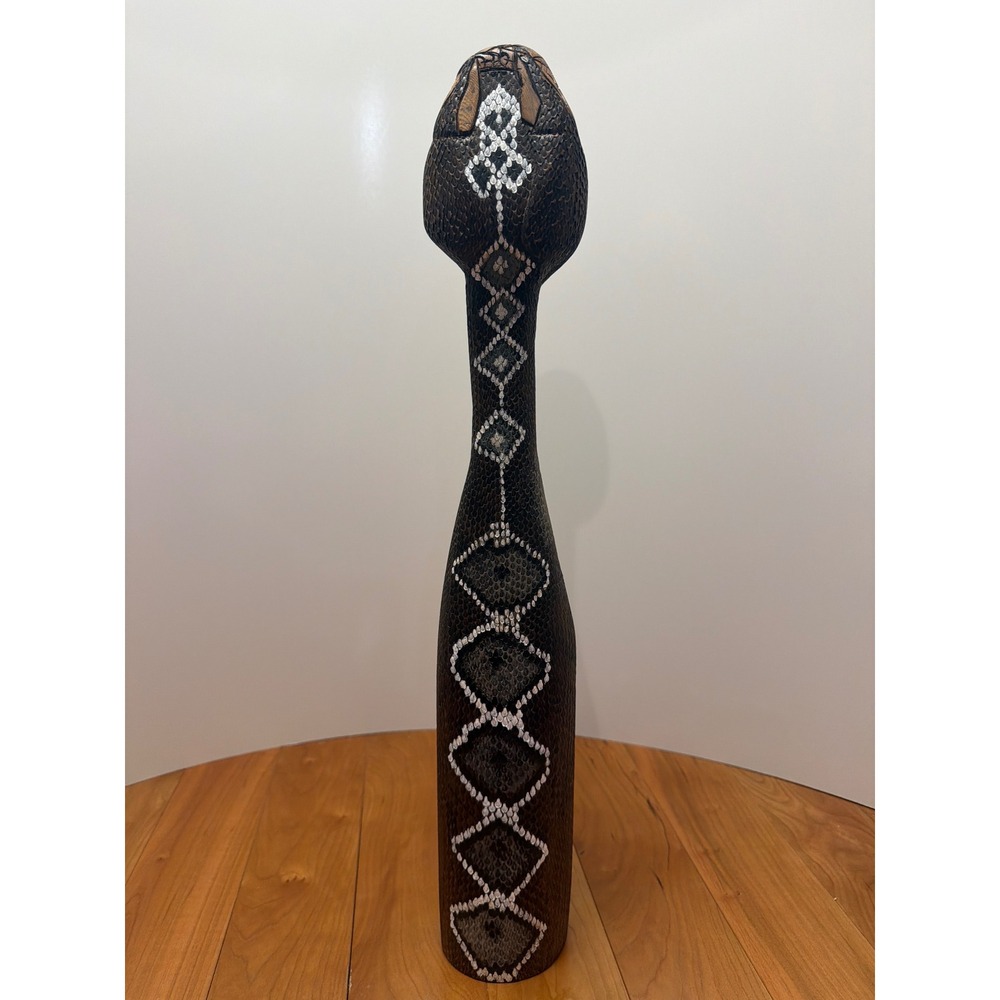 Hand Carved Wooden Snake Club | Folk Art Carving | Serpent Motif Decorative Mace